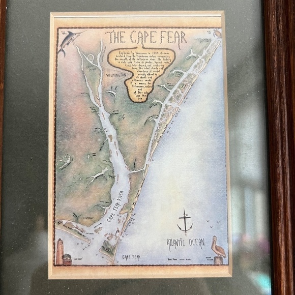 Small Vintage Cape Fear Wilmington Map Table Top Art Map with Wood Frame Decor - Picture 2 of 5